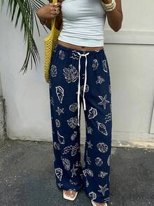 Aloruh 新款浪漫条纹泡泡褶皱印花可爱卡通舒适百搭裤 - 藍色 - 查看 6