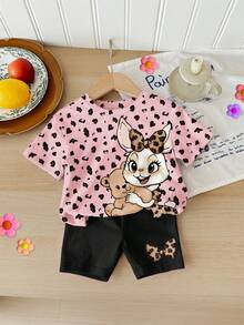 两件套可爱兔子豹纹印花上衣短裤套装，少女休闲简约圆领宽松短袖T恤搭配修身骑行短裤，适合春夏日常穿着、旅行、居家、度假、户外活动、农场休闲等场合。 - 彩色 - 查看 2