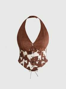 ROMWE Hippie Millennium Y2K Cow Print Sexy Plus Size Halter Cowgirl Music Festival Top, Spring/Summer - Brown - View 1