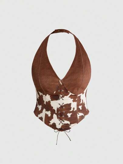 ROMWE Hippie Millennium Y2K Cow Print Sexy Plus Size Halter Cowgirl Music Festival Top, Spring/Summer