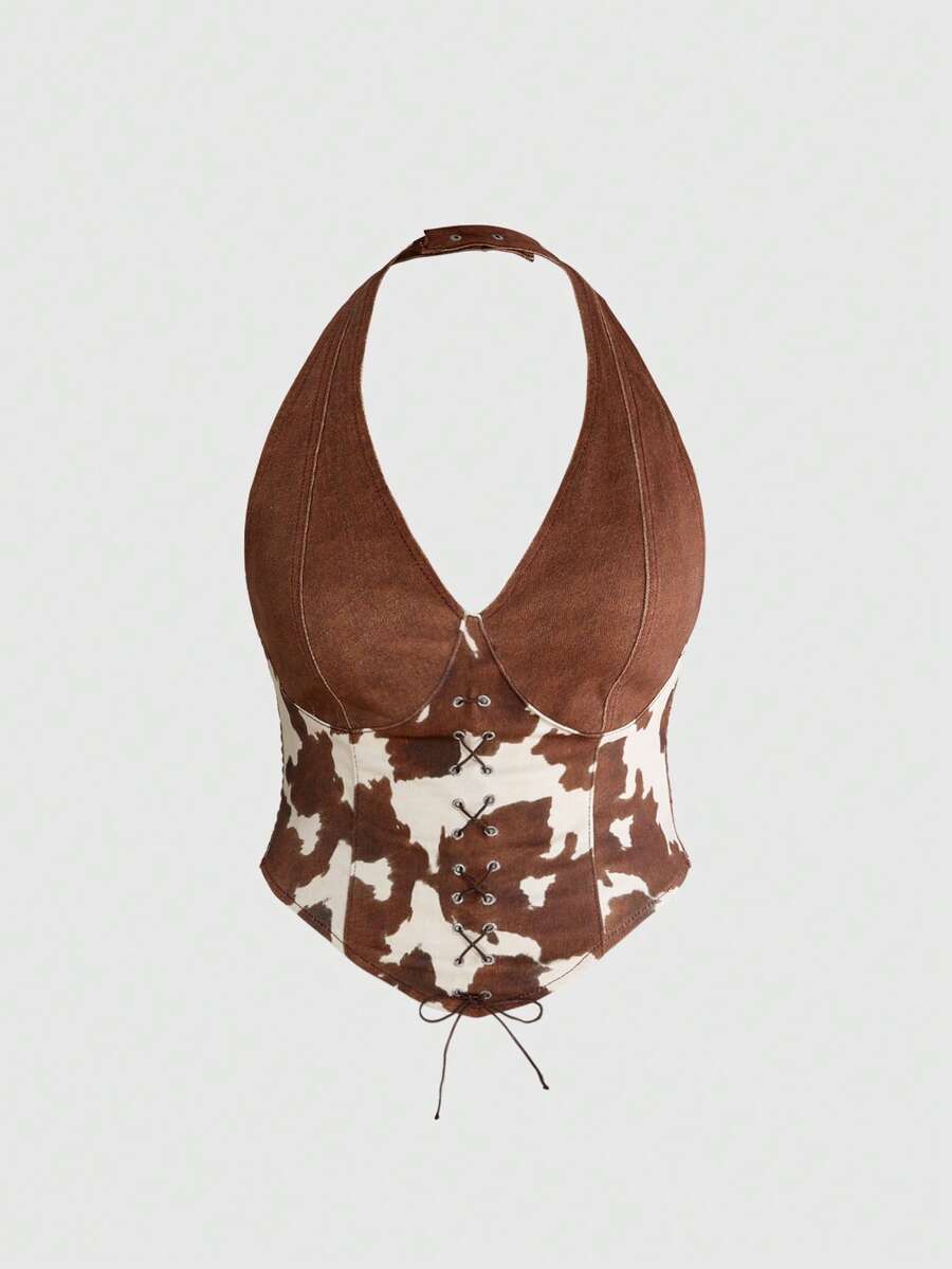 ROMWE Hippie Millennium Y2K Cow Print Sexy Plus Size Halter Cowgirl Music Festival Top, Spring/Summer - Brown - View 1