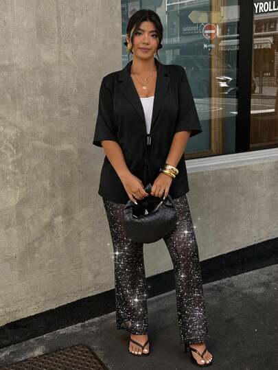 Lounesse Plus Size Women Open Front Tie Waist Black Blazer Jacket, Short Sleeve