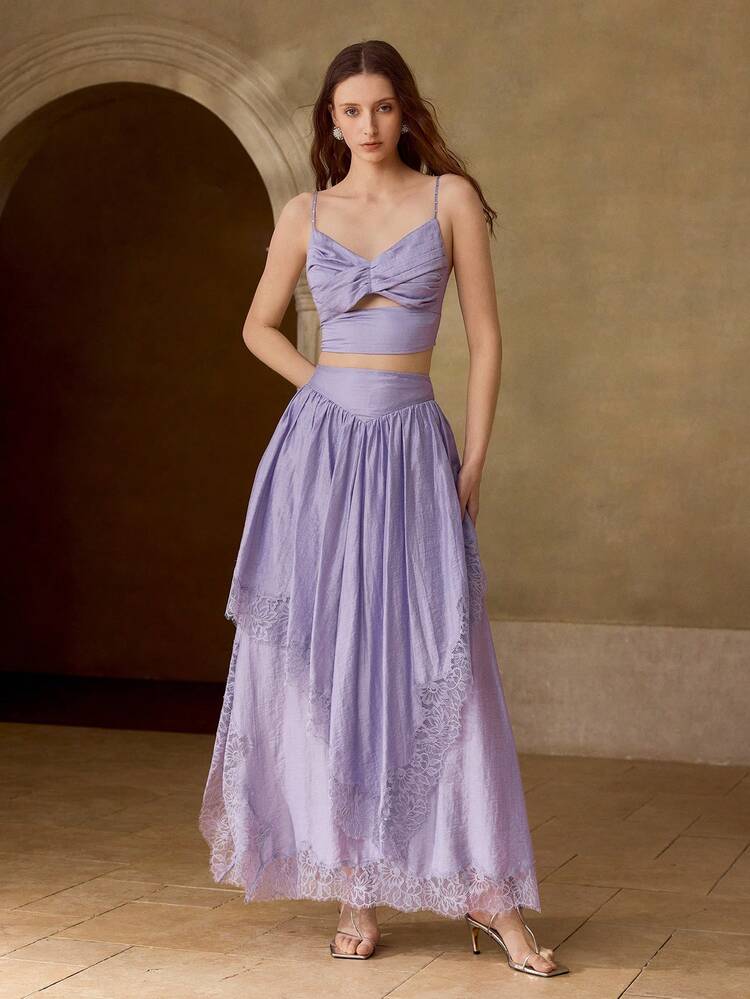 WOMEN'S TWIST TOP WITH RHINESTONE DETAIL AND ASYMMETRIC LINEN HEM 2 PIECES SET, SPRING/SUMMER