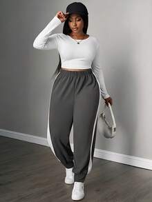 SHEIN PETITE CURVE Quần thể thao ống rộng phối màu tương phản, thích hợp cho lễ tốt nghiệp, trang phục đi học, lễ tốt nghiệp, trang phục giáo viên dành cho nữ, trang phục trở lại trường học. - Xám - Xem 4