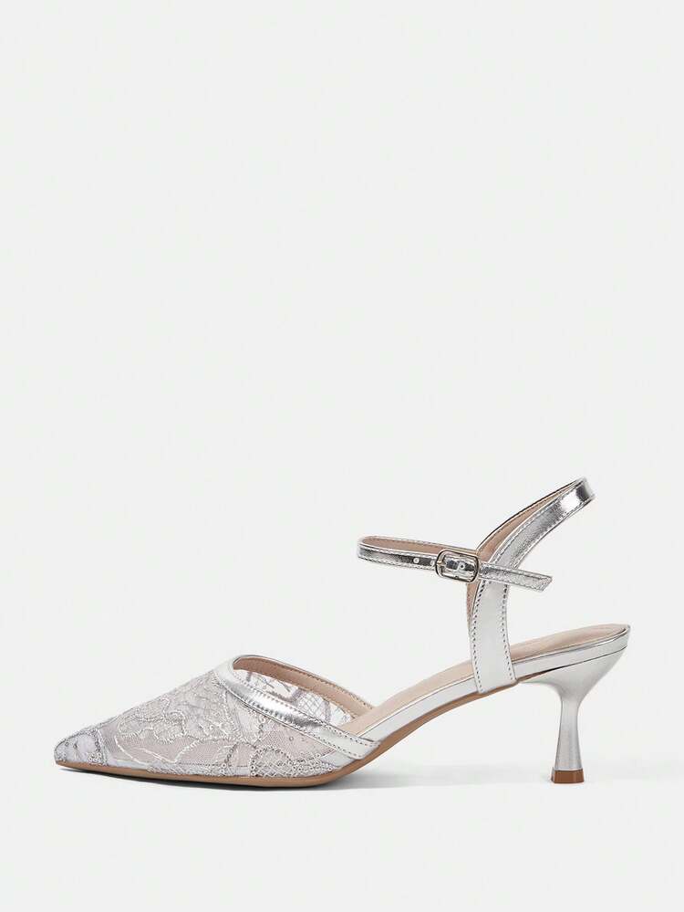 CUCCOO HITCHD Women's High-Heeled Shoes, Exclusive Shoes For Bridal Weddings, Silver Glossy Splicing Lace Embroidered Pointed Thin High Heels, Mesh Breathable, Adjustable Buckle For Rear Straps, Elegant Fairy Streamer Shoes, Wedding Dress/Toast Clothes With Banquet Women's Shoes