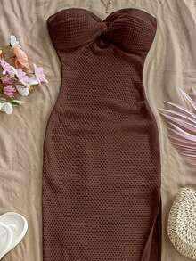 SHEIN WYWH Đầm quây xoắn màu trơn dành cho nữ, chất liệu vải có họa tiết. - Cà phê nâu - Xem 6