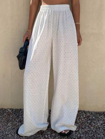 Livesso Quần ống rộng chấm bi cạp chun dành cho nữ