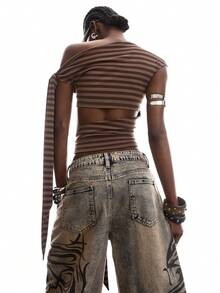 LYSMO Áo kiểu nữ mùa hè, cổ lệch, kẻ sọc, thắt nơ phía trước, khoét lỗ. - Cà phê nâu - Xem 2