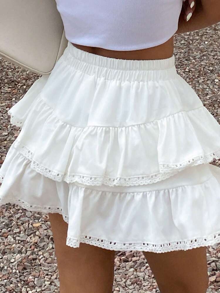 Women's Solid Color A-Line Umbrella Skirt, Contrast Lace Ruffle Hem Casual Holiday Skirt, Summer
