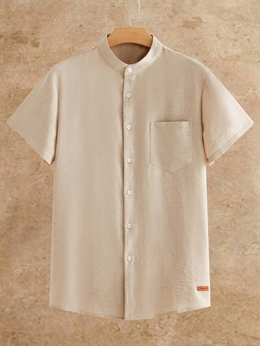 Manfinity VCAY Men's Solid Color Single-Breasted Casual Pocket Woven Short Sleeve Shirt