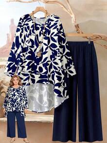 Rusticease 蓝白花卉叶子印花加大码女式优雅休闲宽松长袖上衣和裤子两件套，适合春夏穿着 - 彩色 - 查看 1
