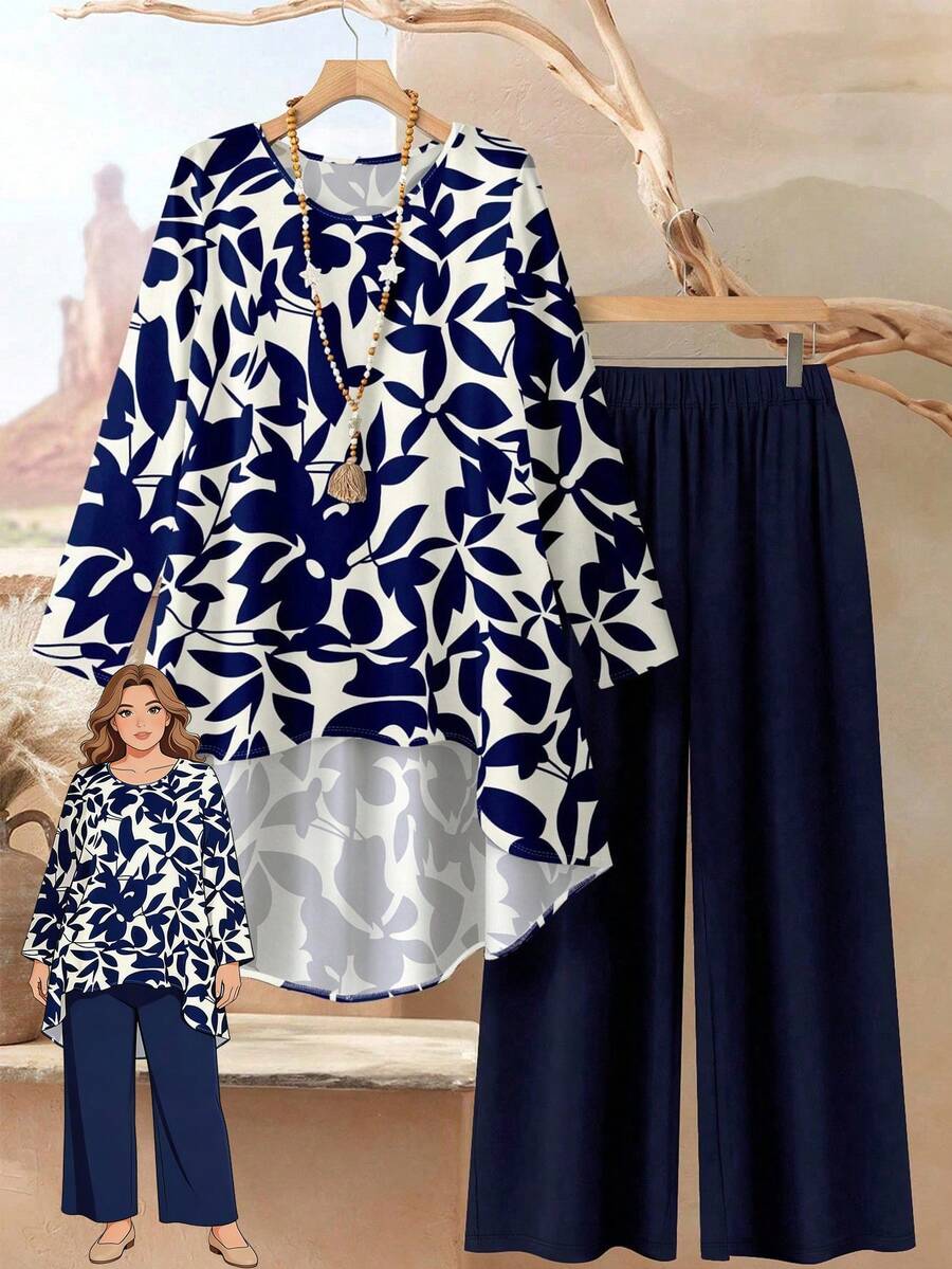 Rusticease 蓝白花卉叶子印花加大码女式优雅休闲宽松长袖上衣和裤子两件套，适合春夏穿着 - 彩色 - 查看 1