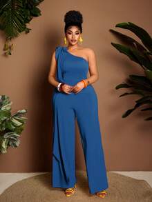 Maweii Bộ jumpsuit dáng suông không tay, màu đỏ hồng, thắt nơ lớn, cổ bất đối xứng, kiểu dáng thanh lịch, thích hợp mặc hàng ngày, đi nghỉ mát, du lịch, nghỉ dưỡng, hẹn hò, lễ hội, tiệc tùng. - Màu xanh lam - Xem 3