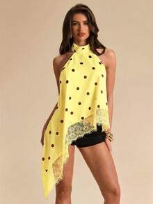 Top de satén con parches de encaje y espalda descubierta, elegante y apropiado para fiestas, cócteles, ocasiones formales, Navidad y vestimenta casual de negocios - Amarillo - Ver 4