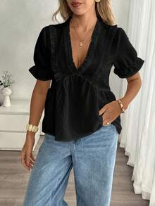 EMERY ROSE Women's Casual Vacation Textured V-Neck Ruffle Splice Puff Sleeve Blouse, Spring/Summer - Black - View 4