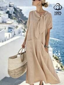 Louniche Đầm dài nữ kiểu dáng thường ngày, thoải mái, 100% cotton, cổ tròn, thắt nơ, có túi, thích hợp cho kỳ nghỉ xuân/hè. - Màu Khaki - Xem 3