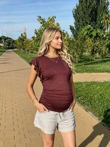 SHEIN Thai sản Giải trí Phù hợp thường Co giãn Vòng cổ Áo thun - Đỏ - Xem 4