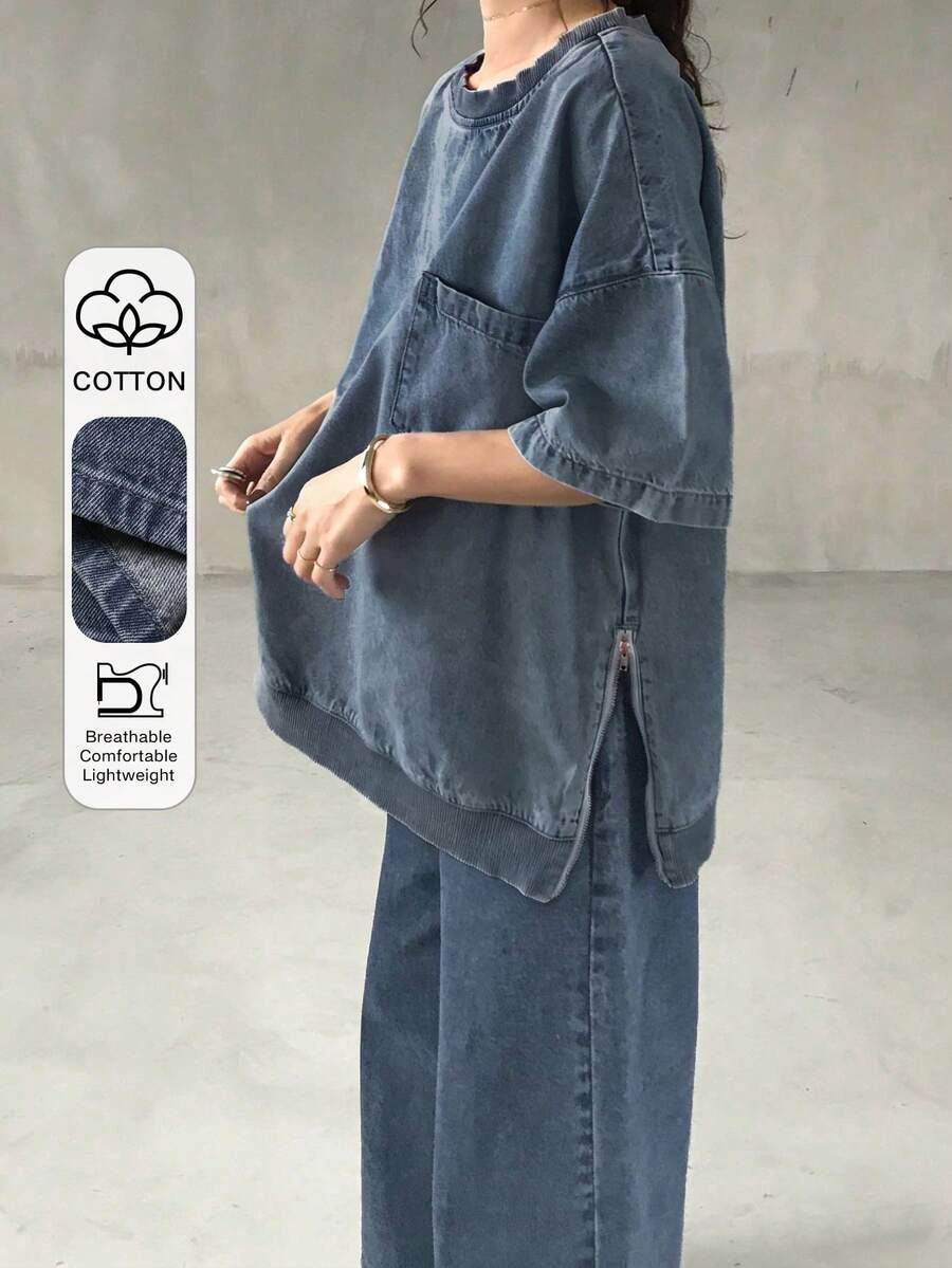 FRIFUL 女士圆领落肩拉链侧袋上衣和裤子休闲宽松牛仔套装（夏季款） - 藍色 - 查看 1