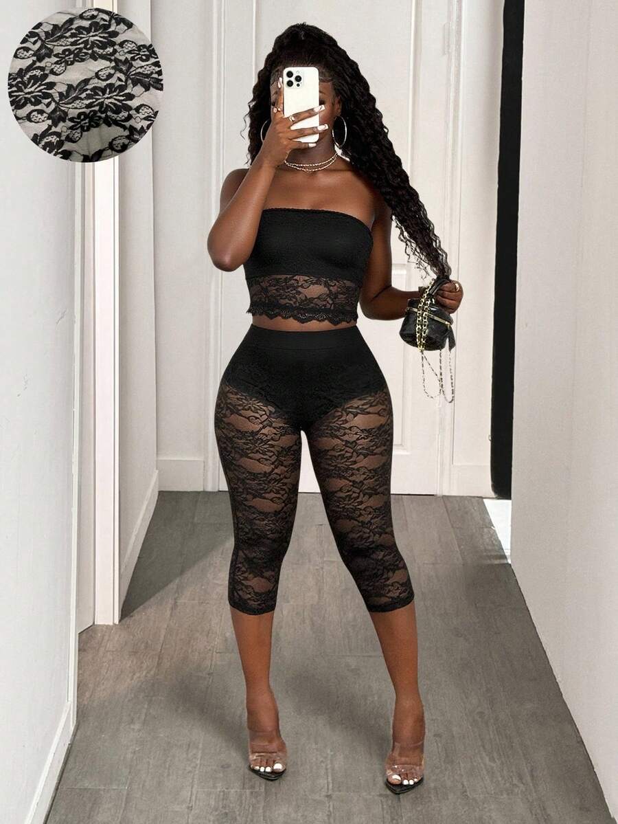BamGleam Women's Lace Fashionable Sexy 3/4 Length Leggings Without Top - Black - View 1