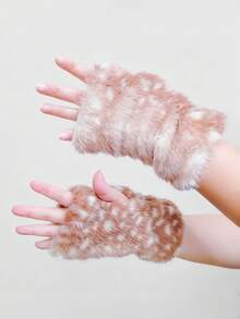 ROMWE Kawaii 1双豹纹露指手套，保暖 - 棕色 - 查看 3