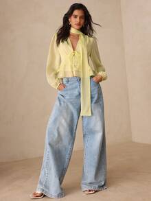 Glamine Blusa elegante de gasa y satén con volantes desmontables en la cintura, adecuada para ir al trabajo, citas y uso diario - Crema - Ver 4