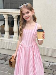 SHEIN Đầm casual kẻ sọc cổ vuông không tay cho bé gái tuổi teen - Hồng - Xem 7