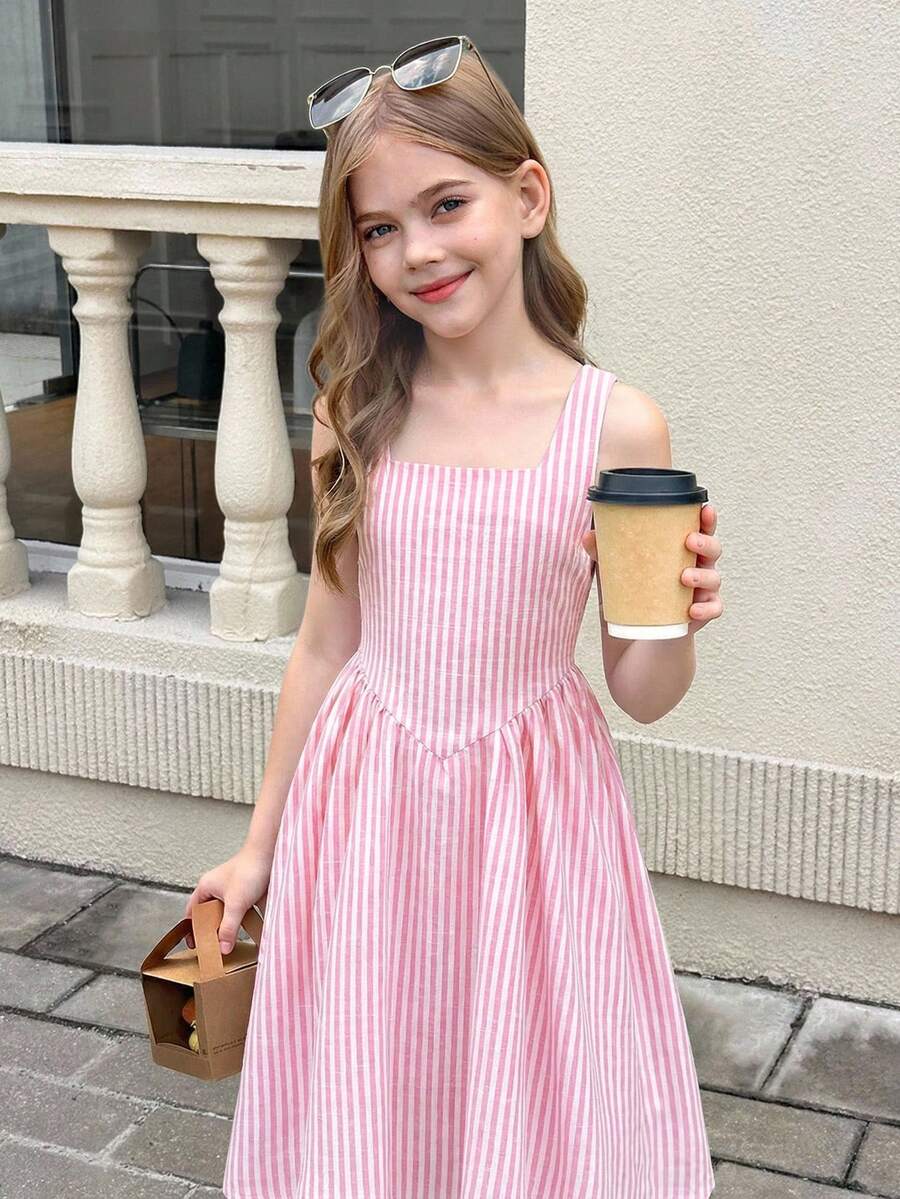 SHEIN Tween Girl Striped Square Neck Sleeveless Casual Dress - Pink - View 1