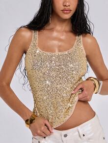 ROMWE Y2K复古锐舞音乐节亮片修身露脐女式上衣 - 金色 - 查看 1