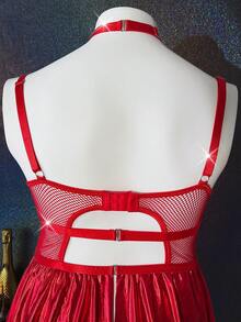 MidnightGlam 5pcs Plus Size Sexy Lingerie Set, Smooth PU Patchwork Mesh Dress With Rhinestone Straps - Red - View 9