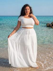 SHEIN CURVE+ Plus Size Casual Long White Skirt, Spring & Autumn - White - View 3
