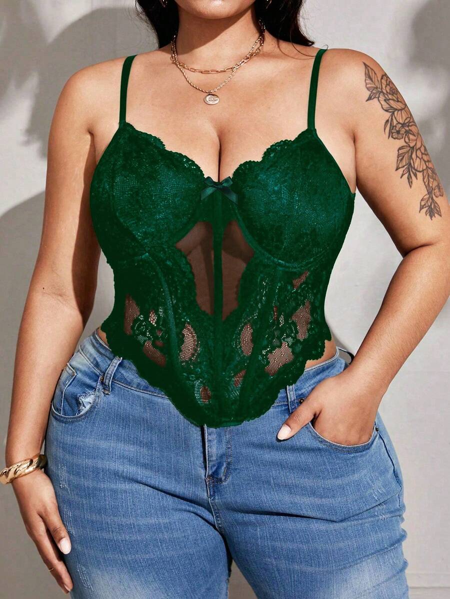Viva Relle Plus Size Sexy Everyday Wear Underwire Fishbone Lace Mesh Patchwork Bow Camisole - Dark Green - View 1