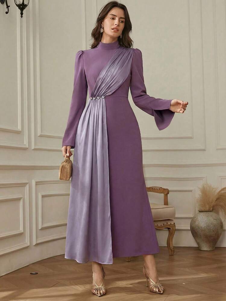Spring & Summer Colorblock Design Elegant Midi Dress, Fitted Waist, Suitable For Valentine's Day, Wedding, Party, Commute