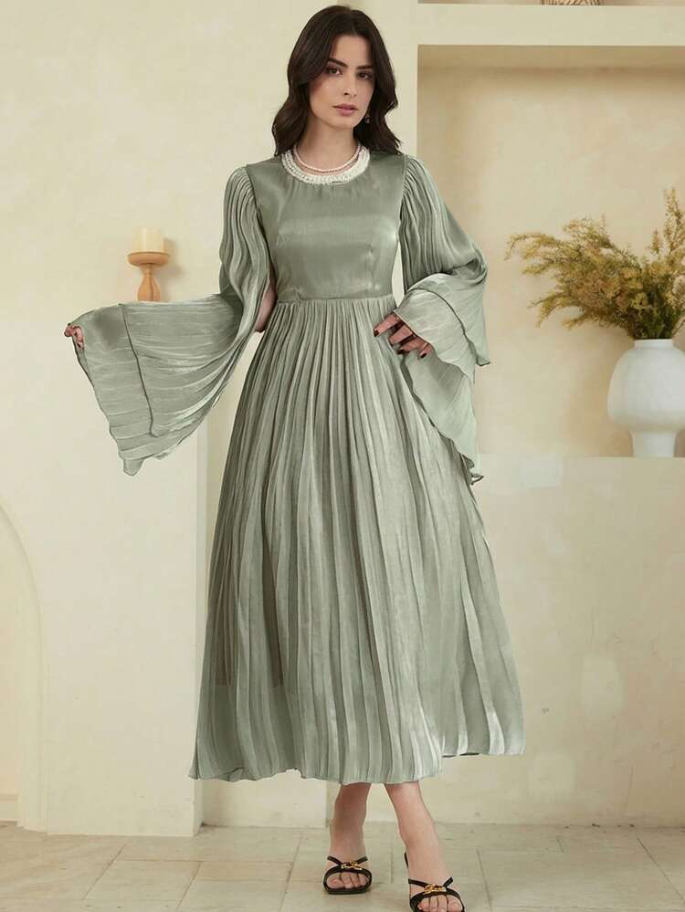 Spring & Summer Heavily Beaded Formal Dress, Elegant Long Sleeve Midi Dress For Wedding, Party, Prom, Commute Sundress