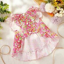 PETSIN 1件玫瑰花卉印花宠物连衣裙，轻柔透气，夏季度假风，泡泡袖设计，宠物服装 - 彩色 - 查看 24