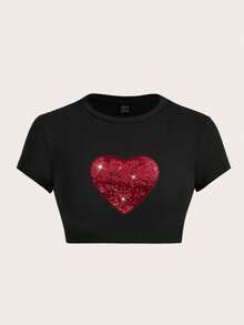 SHEIN ICON Áo thun nữ dáng ngắn, cổ tròn, tay ngắn, ôm sát, đính sequin hình trái tim, gợi cảm, thích hợp cho các bữa tiệc. - màu đen - Xem 4