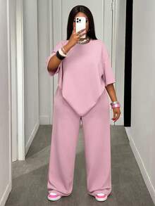 SHEIN CURVE+ 2026秋冬新品/女士秋季服装/万圣节/秋冬女装夏季度假休闲粉色短款宽松上衣T恤和阔腿直筒口袋裤家居服套装，纹理面料大码女装 - 粉色 - 查看 6