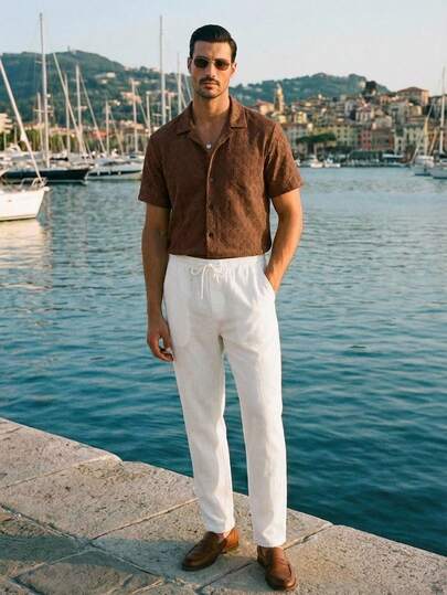 HIMLAND 男士纯色休闲短袖衬衫和裤子套装