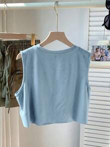 Comfortcana Áo tank top không tay dáng rộng, ngắn, in họa tiết lễ hội âm nhạc dành cho nữ - Màu xanh lam - Xem 2
