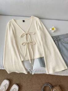 SHEIN LUNE 34%棉条纹针织休闲系带喇叭袖上衣，适合外出、街头风、机场、时尚、通勤、派对、婚礼、度假等场合。 - 彩色 - 查看 6