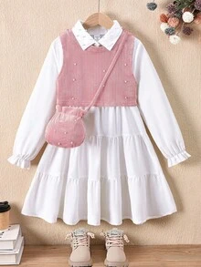 SHEIN Conjunto de 3 piezas para niña preadolescente que incluye: chaleco con decoración de perlas, camisa vestido casual de manga larga blanca y 1 bolso bandolera, set para otoño/invierno - Rosa - Ver 3