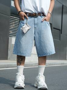 Manfinity EMRG Quần short denim nam màu xanh dương thêu họa tiết, phong cách đường phố thường ngày. - Rửa nhẹ - Xem 2