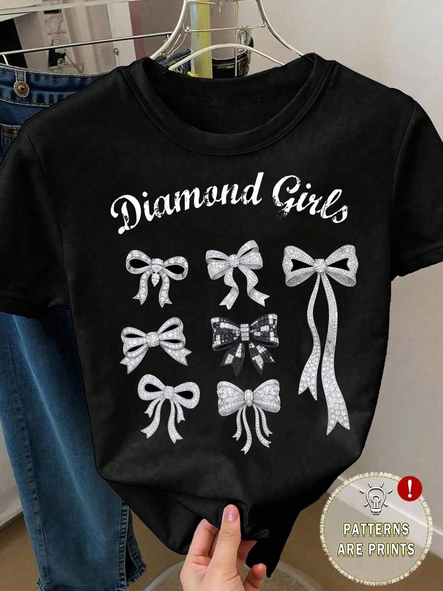 Spring And Summer Casual Fashionable Creative Personalized Refreshing Minimalist Ribbon Bow Decor Funny Slogan Graphic Print Relaxed Basic Short T-Shirt, Comfortable Daily Wear For Tween Girl, Suitable For Spring, Summer And Autumn - Black - View 1