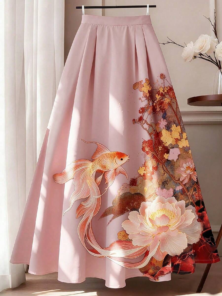 GlowEve CURVE Plus Size Women Knitted Chinese Style Contrast Color Ditsy Floral A-Line Skirt - Pink - View 1
