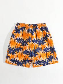SHEIN Teen Boy Orange Navy Leaf Print Beach Shorts, Daddy And Me Matching (2 Pieces Sold Separately) - Multicolor - View 2