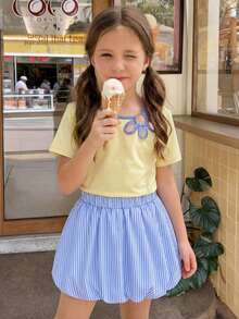Bộ đồ mùa hè thường ngày cho bé gái, áo thun khoét lỗ và chân váy kẻ sọc. - Nhiều màu - Xem 3