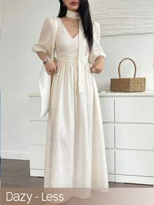 Dazy-Less 春夏海滩度假、情人节、婚礼、宴会、舞会礼服、时尚派对，女士复古奢华白色束腰连衣裙 - 杏色 - 查看 1