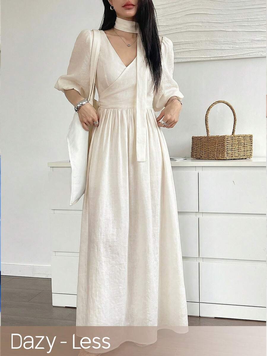 Dazy-Less 春夏海滩度假、情人节、婚礼、宴会、舞会礼服、时尚派对，女士复古奢华白色束腰连衣裙 - 杏色 - 查看 1