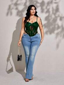 Viva Relle Plus Size Sexy Everyday Wear Underwire Fishbone Lace Mesh Patchwork Bow Camisole - Dark Green - View 5