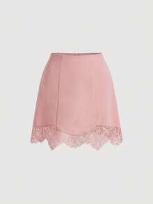 SHEIN MOD Women's Solid Color Contrast Lace Hem Elegant A-Line Skirt Party Night Dusty Pink Summer - Pink - View 2
