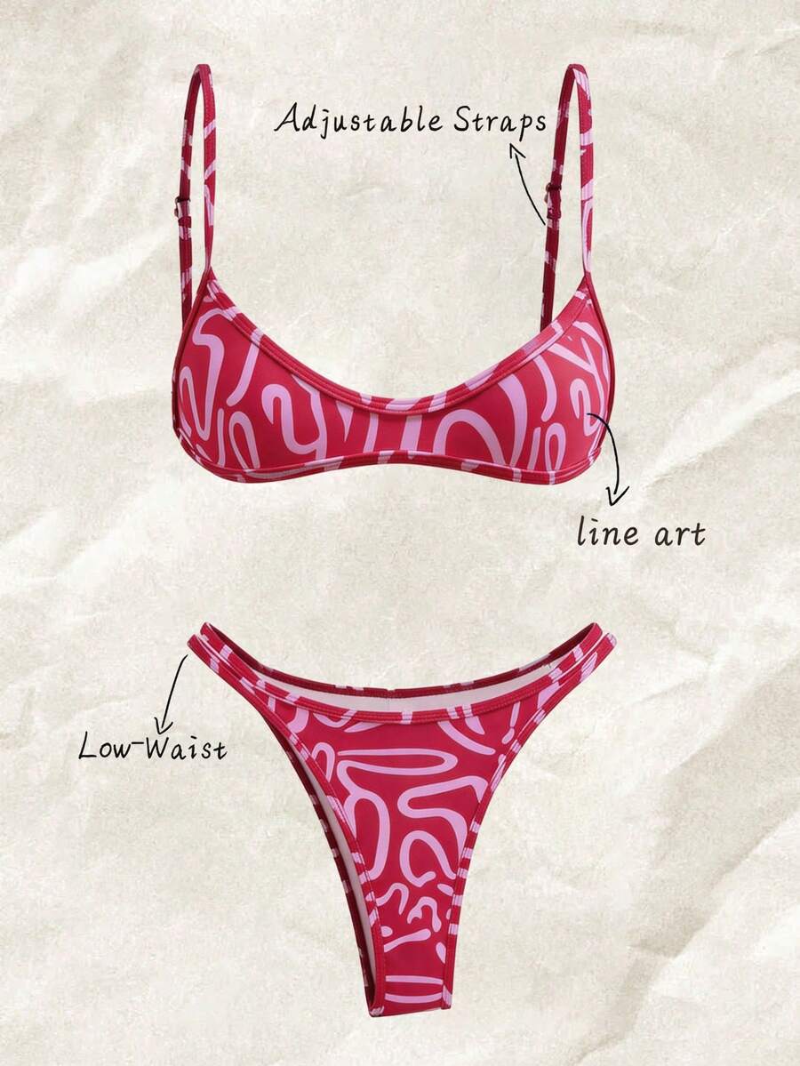 Elavelle Set de 2 piezas Bikini de tirantes finos con estampado aleatorio para mujer, verano - Multicolor - Ver 1
